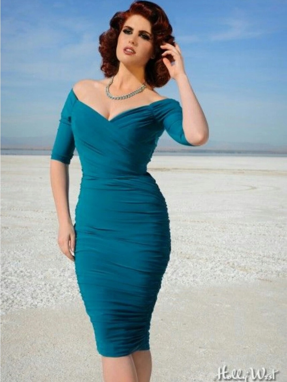 Pinup Couture Laura Byrnes Monica Teal Off-Shoulder Wiggle Midi Dress